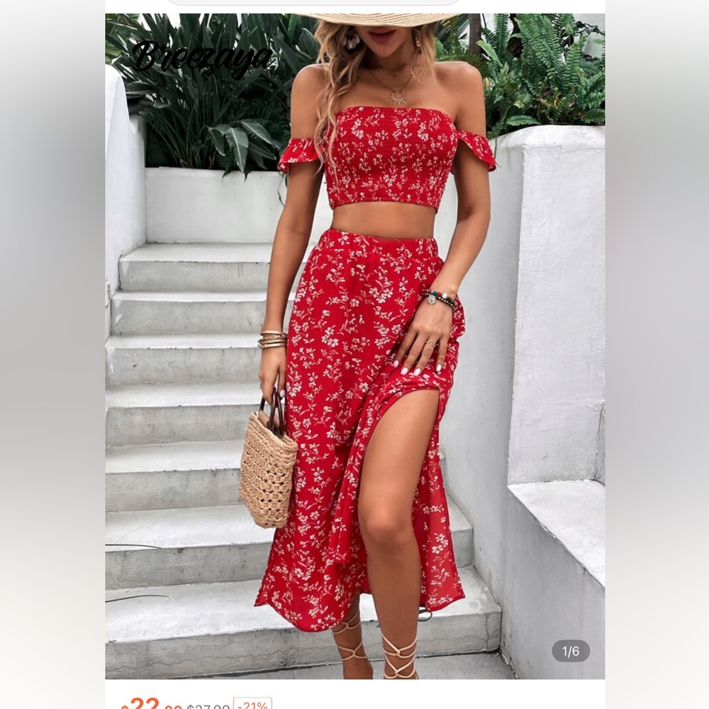 Floral Red Off-Shoulder Top and Skirt Set Small